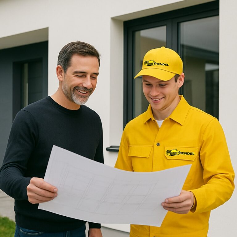 Deux personnes devant les fenêtres d’une maison, dont une portant une casquette TRENDEL.