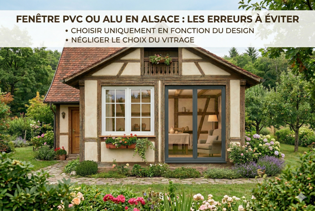 Fenêtres PVC blanches et aluminium anthracite installées sur une maison alsacienne à colombages, offrant isolation thermique et confort toute l’année