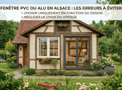 Fenêtres PVC blanches et aluminium anthracite installées sur une maison alsacienne à colombages, offrant isolation thermique et confort toute l’année