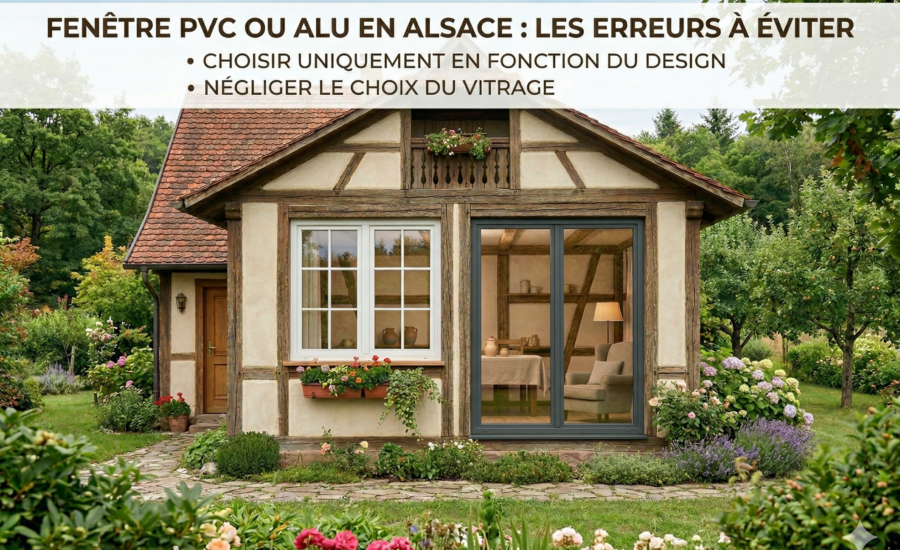 Fenêtres PVC blanches et aluminium anthracite installées sur une maison alsacienne à colombages, offrant isolation thermique et confort toute l’année