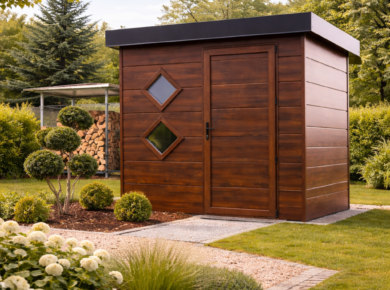 Pavillon de jardin en bois moderne Trendel installé dans un jardin paysager en Alsace, avec porte design et aménagement extérieur soigné, idéal pour un espace de rangement ou de détente.