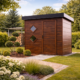 Pavillon de jardin en bois moderne Trendel installé dans un jardin paysager en Alsace, avec porte design et aménagement extérieur soigné, idéal pour un espace de rangement ou de détente.