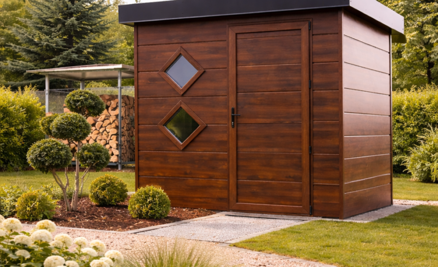 Pavillon de jardin en bois moderne Trendel installé dans un jardin paysager en Alsace, avec porte design et aménagement extérieur soigné, idéal pour un espace de rangement ou de détente.
