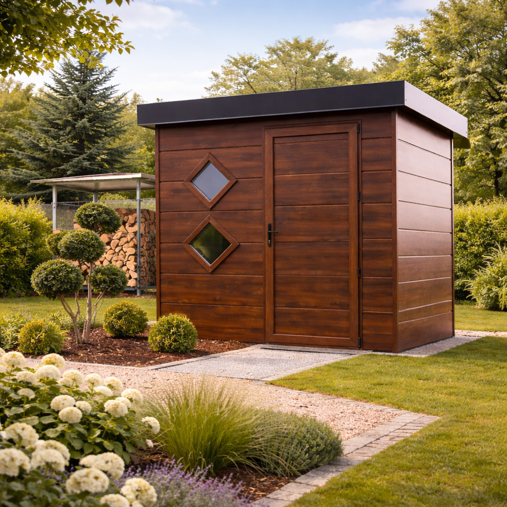 Pavillon de jardin en bois moderne Trendel installé dans un jardin paysager en Alsace, avec porte design et aménagement extérieur soigné, idéal pour un espace de rangement ou de détente.
