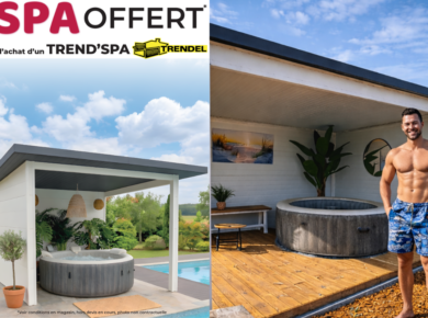 Pavillon de jardin avec spa Trendel installé dans un jardin en Alsace, espace extérieur dédié au bien-être