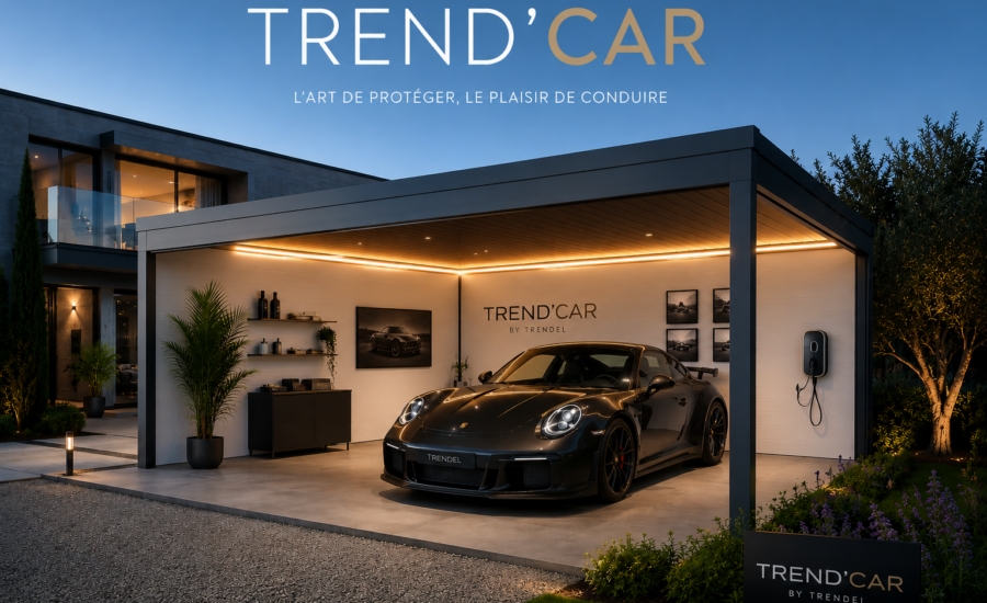 Carport moderne TREND’CAR avec éclairage LED intégré protégeant un véhicule devant une maison contemporaine en Alsace par Trendel