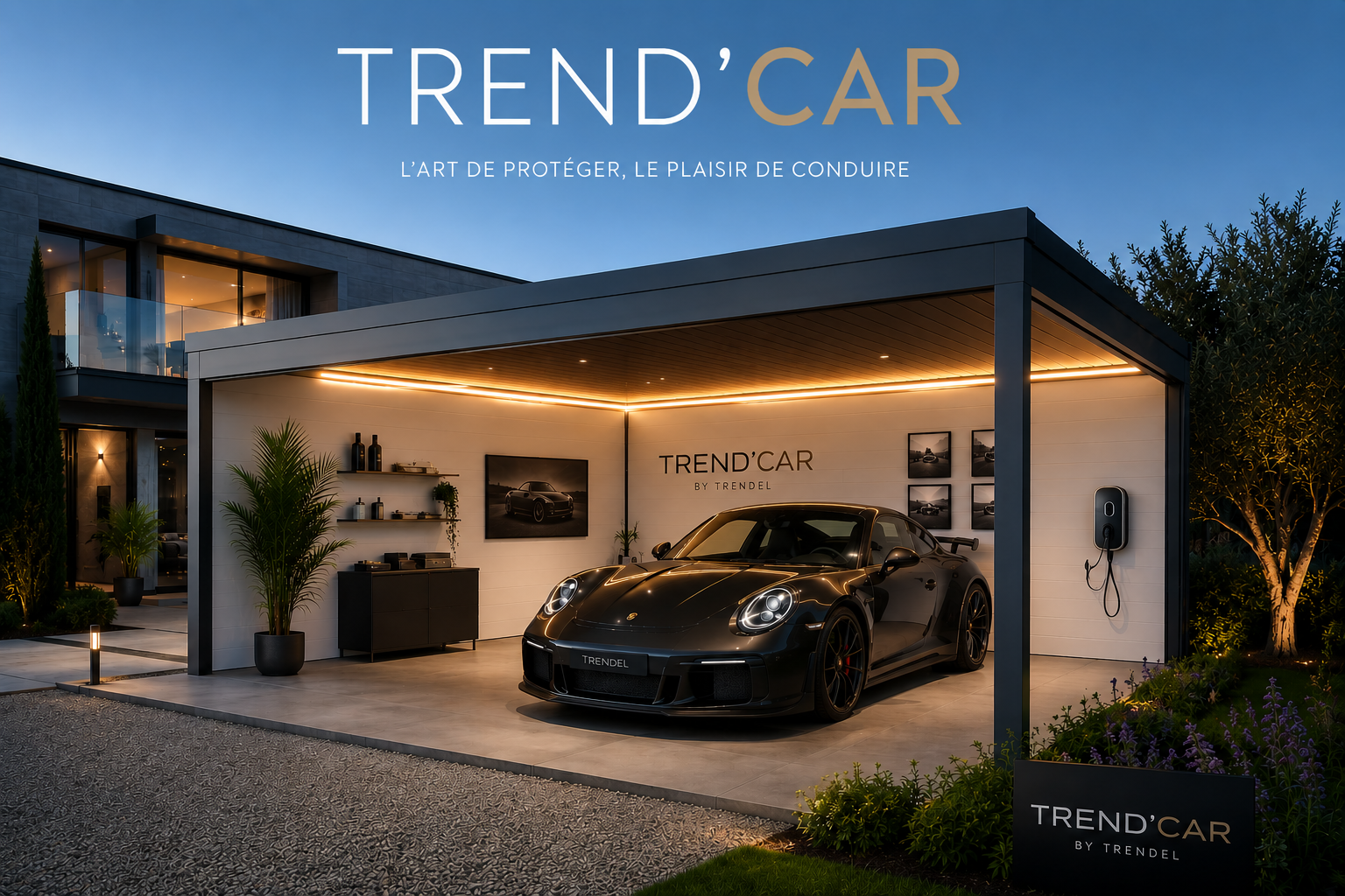 Carport moderne TREND’CAR avec éclairage LED intégré protégeant un véhicule devant une maison contemporaine en Alsace par Trendel