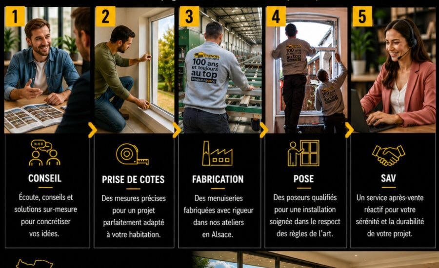 Le vrai parcours d'un projet chez TRENDEL : conseil, prise de cotes, fabrication des menuiseries en Alsace, pose et service après-vente.