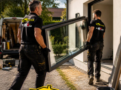Les équipes de pose TRENDEL transportent une fenêtre avant son installation sur un chantier en Alsace