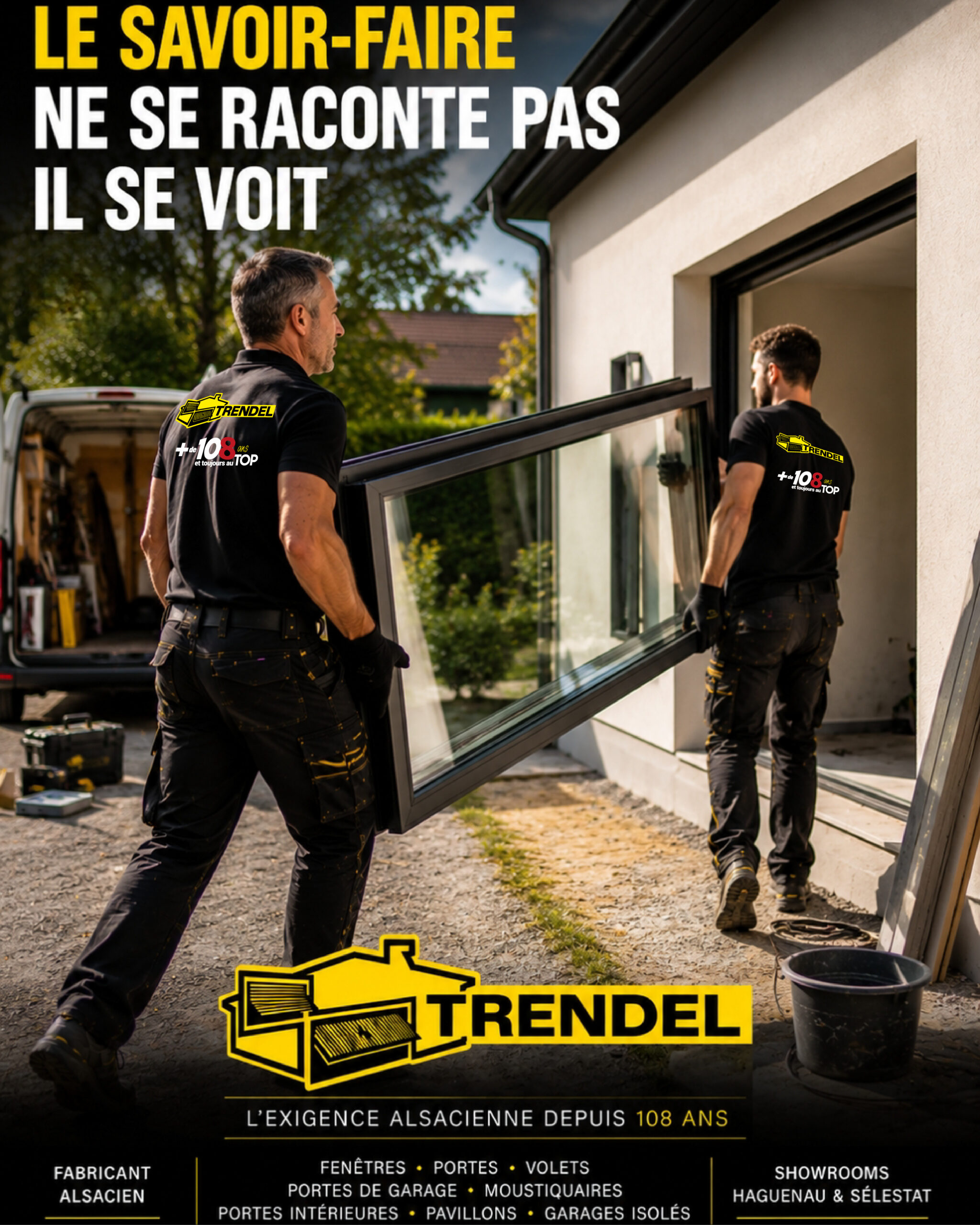 Les équipes de pose TRENDEL transportent une fenêtre avant son installation sur un chantier en Alsace