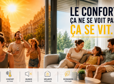 Famille profitant d'une maison fraîche pendant une canicule grâce à des fenêtres performantes installées par TRENDEL en Alsace.