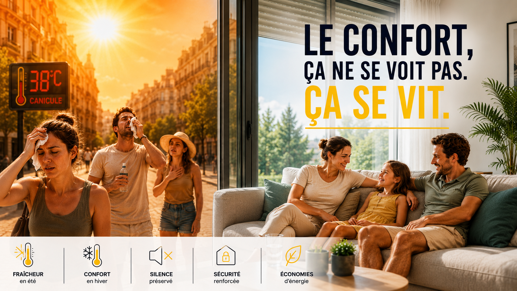 Famille profitant d'une maison fraîche pendant une canicule grâce à des fenêtres performantes installées par TRENDEL en Alsace.