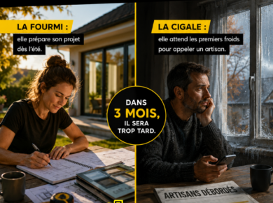 Illustration inspirée de la Cigale et la Fourmi représentant l'anticipation des travaux de rénovation avant l'automne avec TRENDEL en Alsace