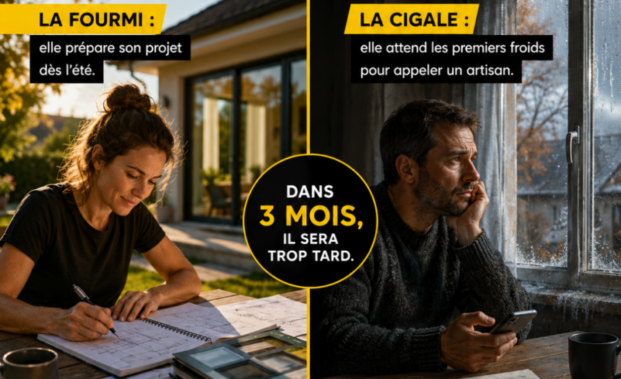 Illustration inspirée de la Cigale et la Fourmi représentant l'anticipation des travaux de rénovation avant l'automne avec TRENDEL en Alsace