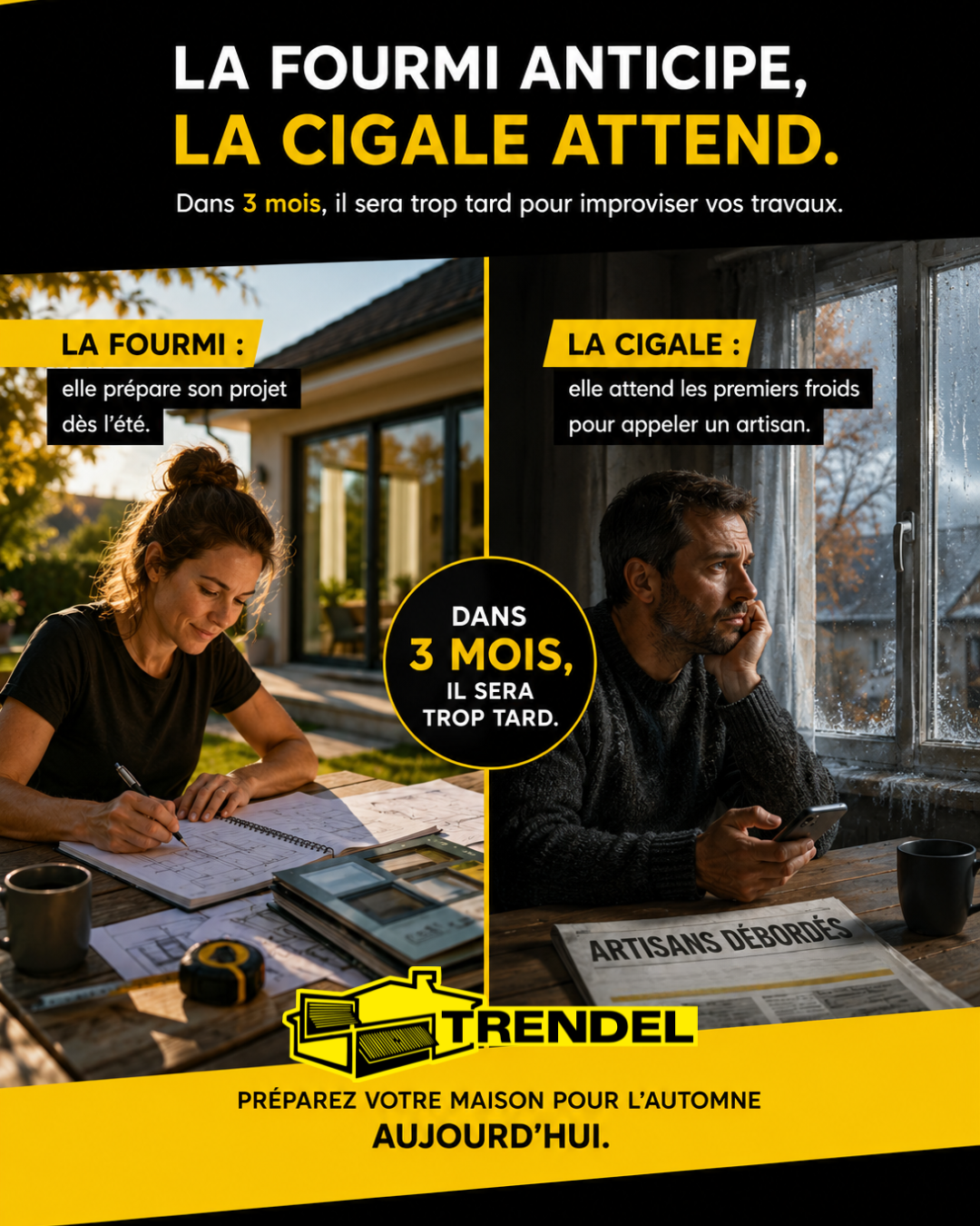 Illustration inspirée de la Cigale et la Fourmi représentant l'anticipation des travaux de rénovation avant l'automne avec TRENDEL en Alsace