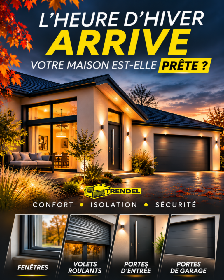 Illustration TRENDEL : maison éclairée à la tombée de la nuit, fenêtres, volets, porte d’entrée et porte de garage.