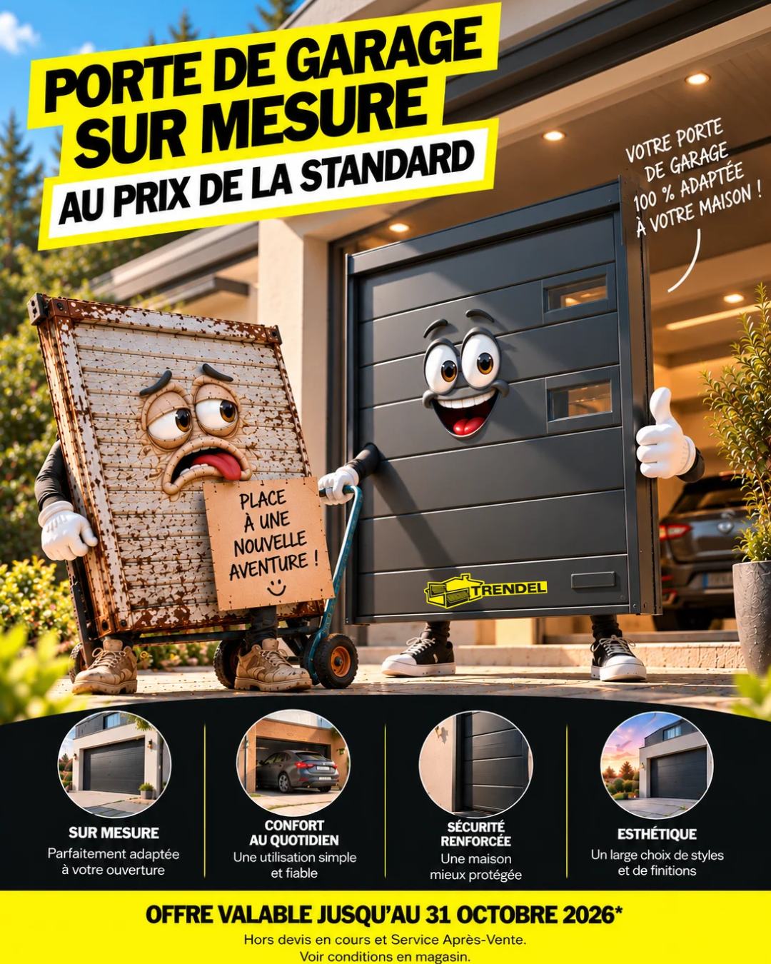 Illustration de deux portes de garage personnifiées : offre TRENDEL sur mesure au prix de la standard jusqu’au 31 octobre 2026.