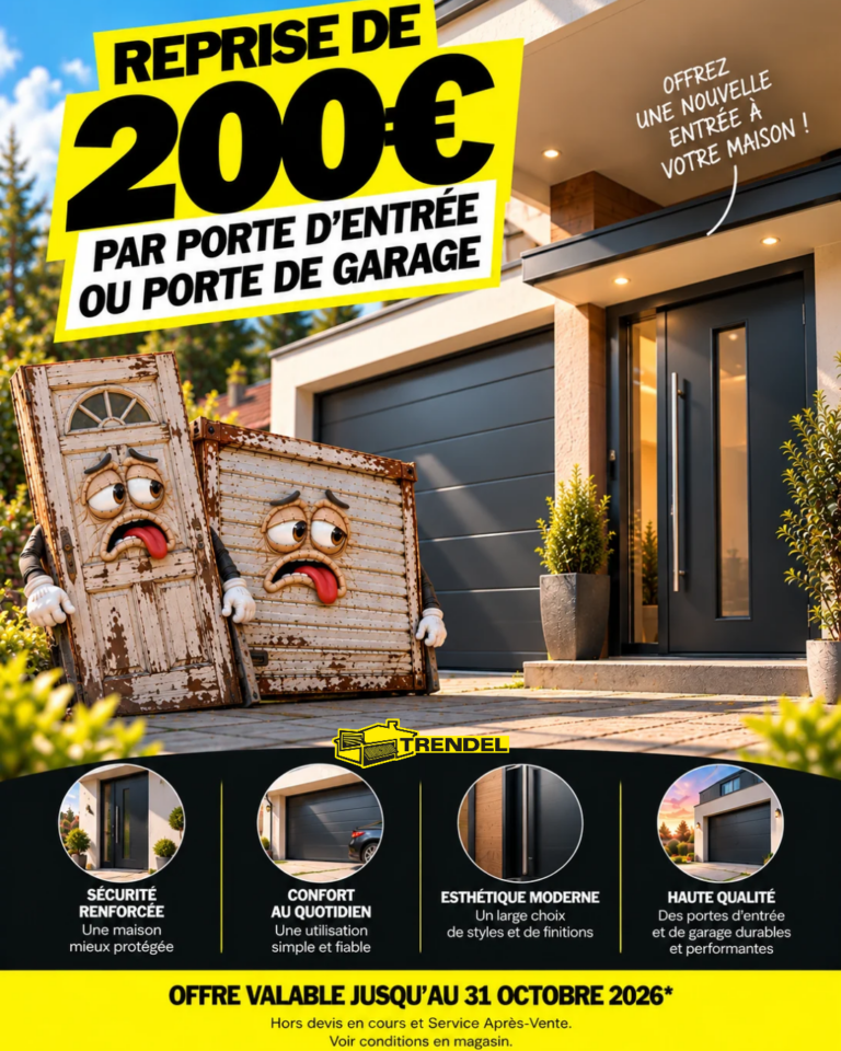 Offre TRENDEL : reprise de 200 € par porte d’entrée ou porte de garage jusqu’au 31 octobre 2026.