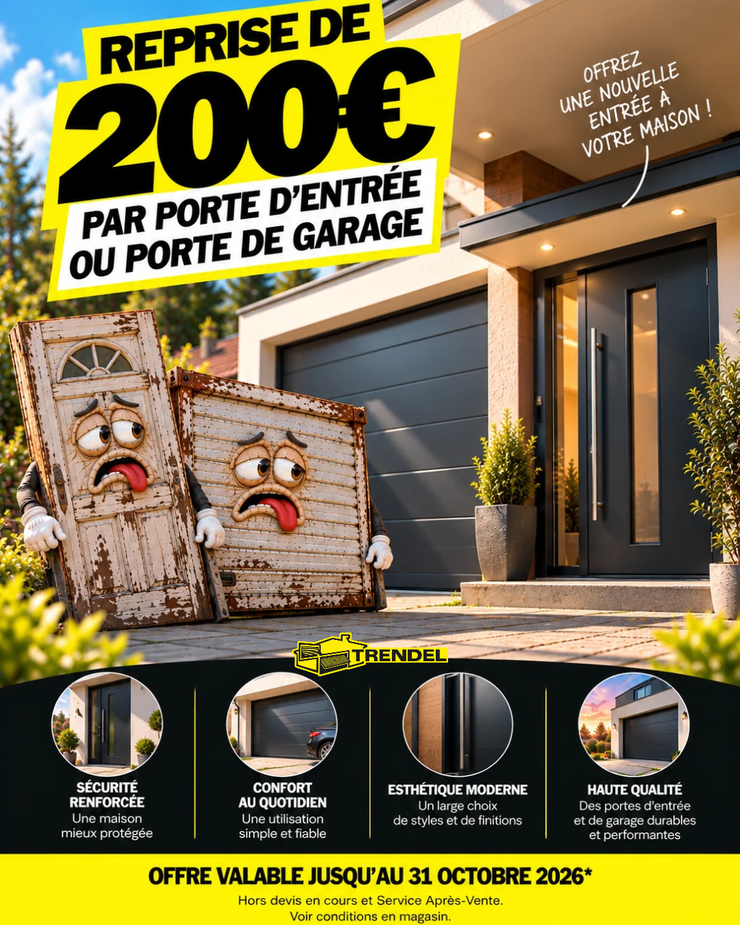 Offre TRENDEL : reprise de 200 € par porte d’entrée ou porte de garage jusqu’au 31 octobre 2026.