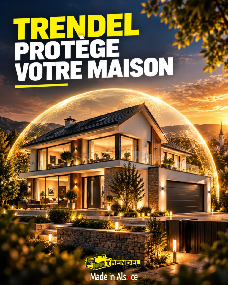 Illustration TRENDEL protège votre maison : une maison entourée d’un dôme lumineux symbolisant la protection de l’habitat.