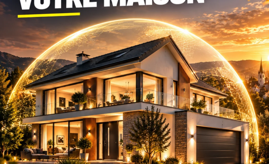 Illustration TRENDEL protège votre maison : une maison entourée d’un dôme lumineux symbolisant la protection de l’habitat.